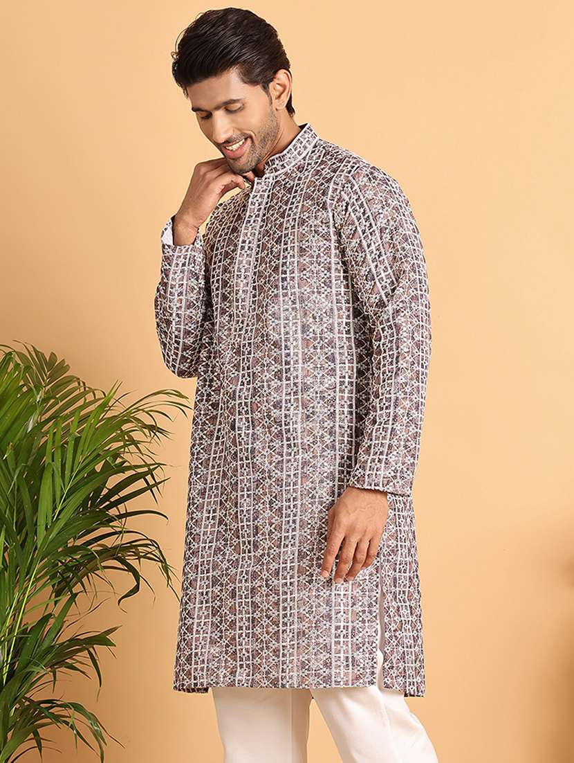 men embroidered mandarin neck long kurta - 21660545 -  Standard Image - 1