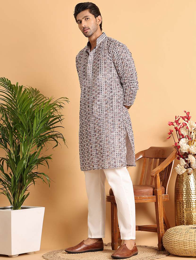 men embroidered mandarin neck long kurta - 21660545 - Standard Image - 4