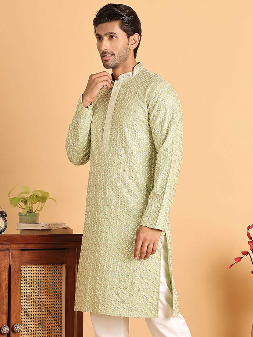 men embroidered mandarin neck long kurta - 21660548 -  Standard Image - 1