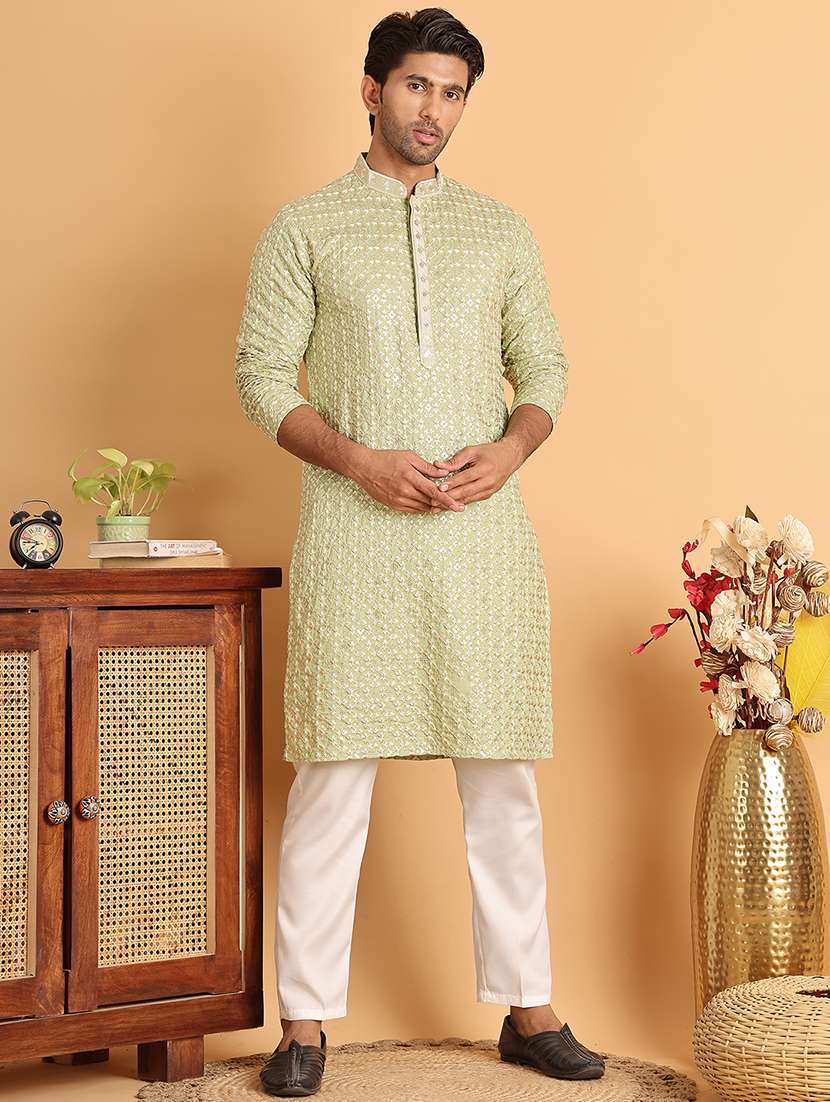 men embroidered mandarin neck long kurta - 21660548 -  Standard Image - 4