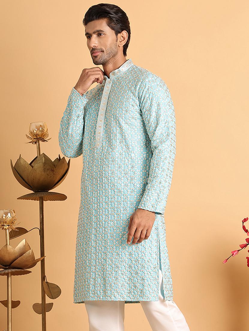 men embroidered mandarin neck long kurta - 21660551 -  Standard Image - 1