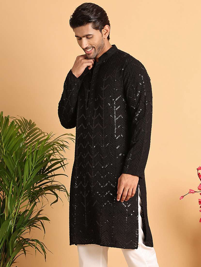men sequin work mandarin neck long kurta - 21660555 -  Standard Image - 1