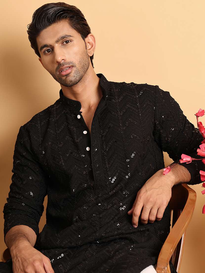 men sequin work mandarin neck long kurta - 21660555 -  Standard Image - 4