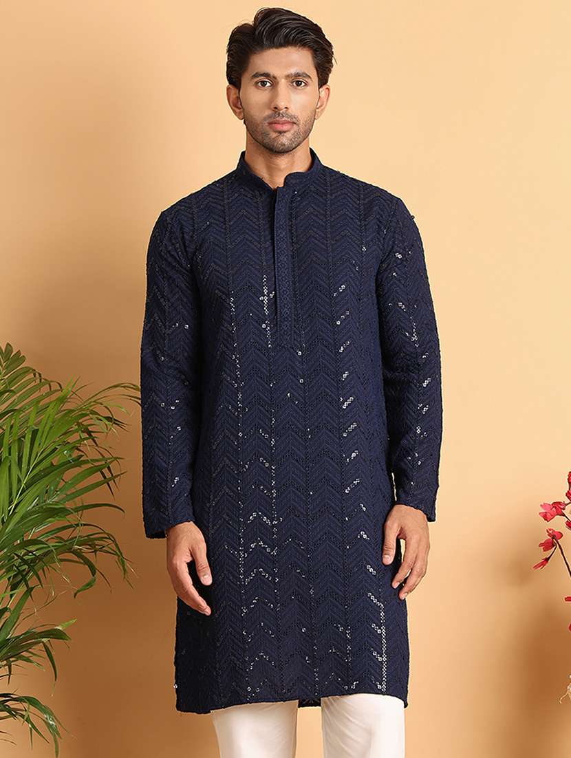 men sequin work mandarin neck long kurta