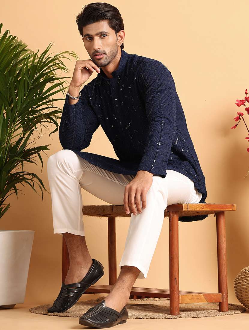 men sequin work mandarin neck long kurta - 21660557 -  Standard Image - 4