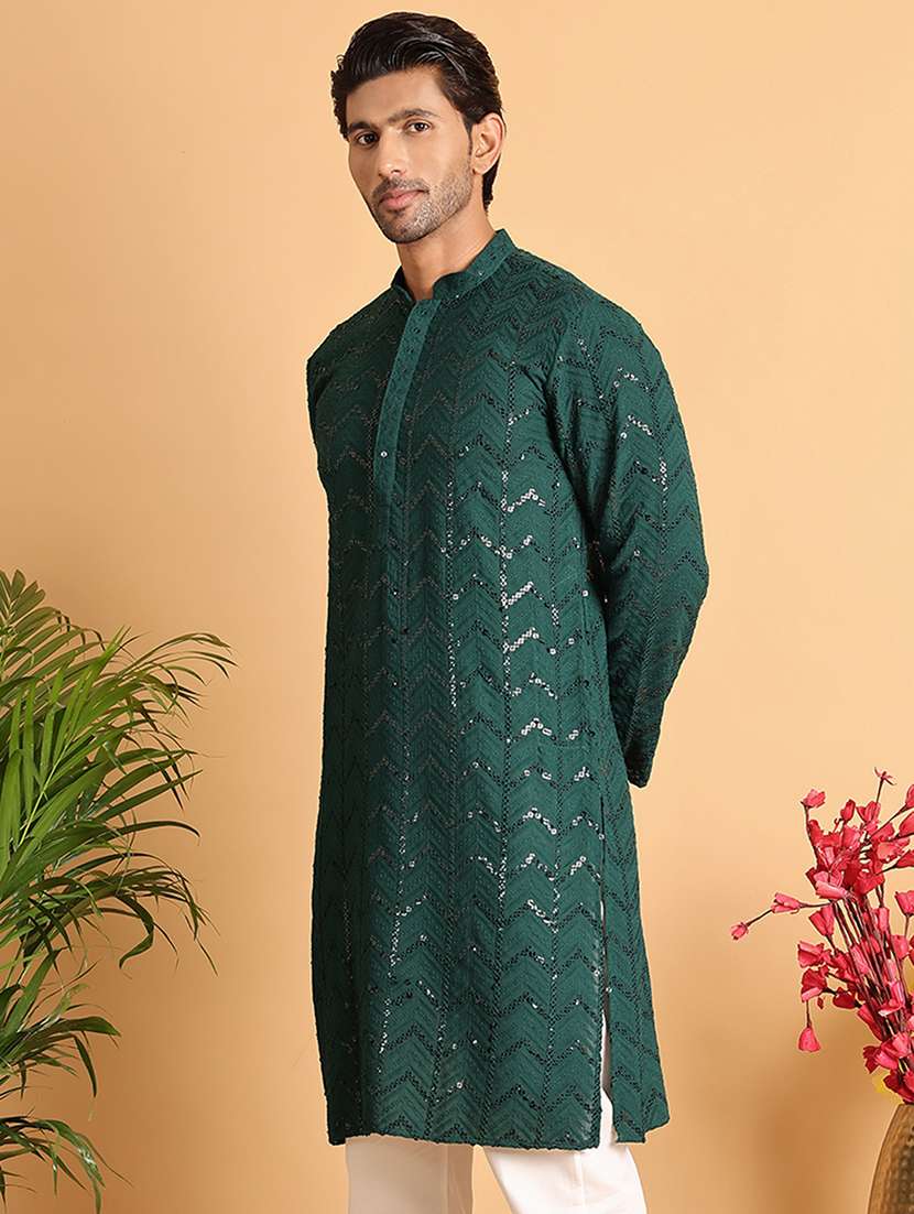 men sequin work mandarin neck long kurta - 21660558 -  Standard Image - 1