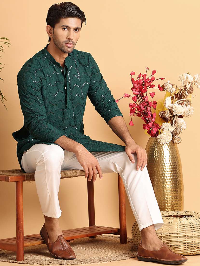 men sequin work mandarin neck long kurta - 21660558 -  Standard Image - 4