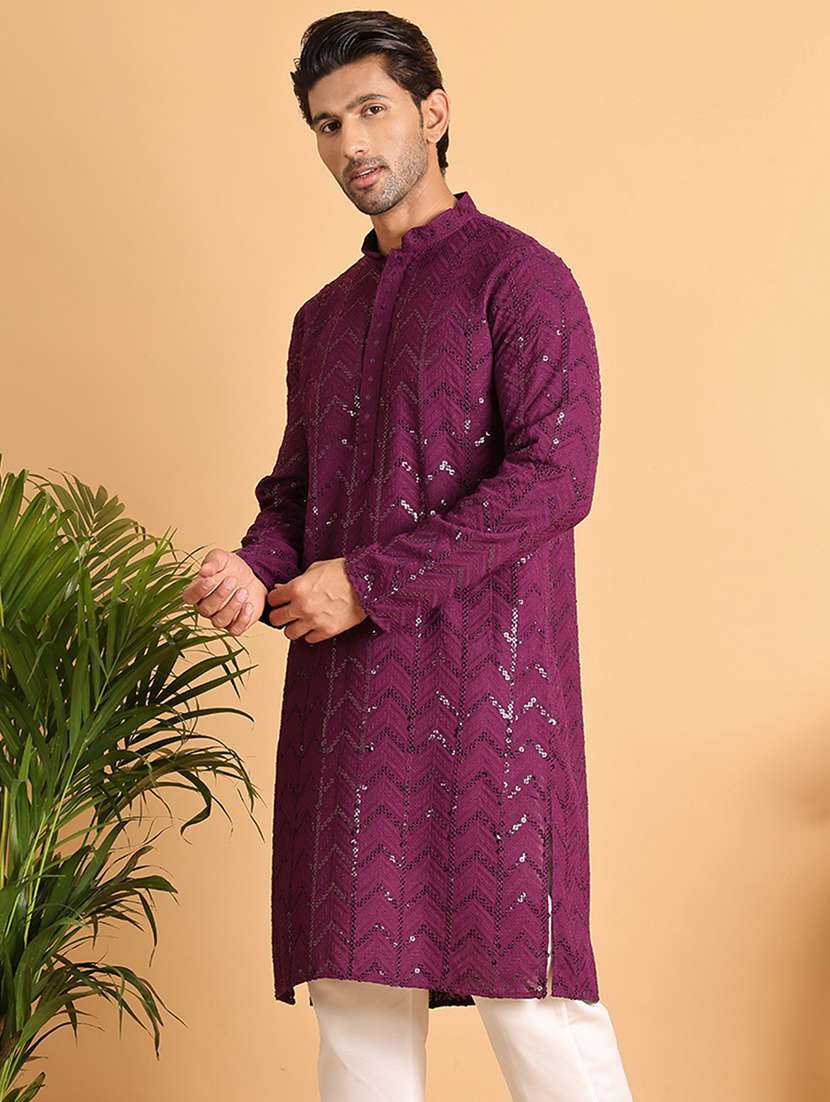 men sequin work mandarin neck long kurta - 21660559 -  Standard Image - 1