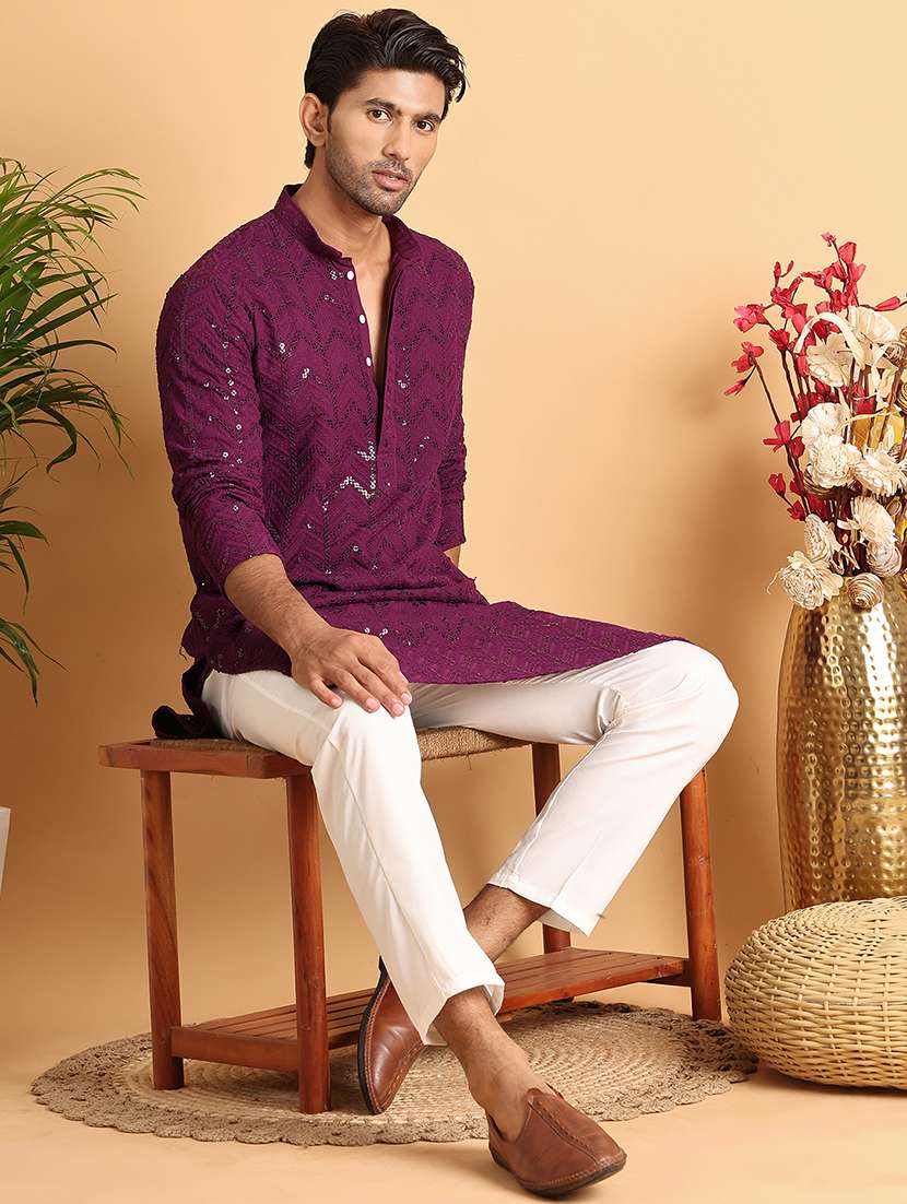 men sequin work mandarin neck long kurta - 21660559 -  Standard Image - 4