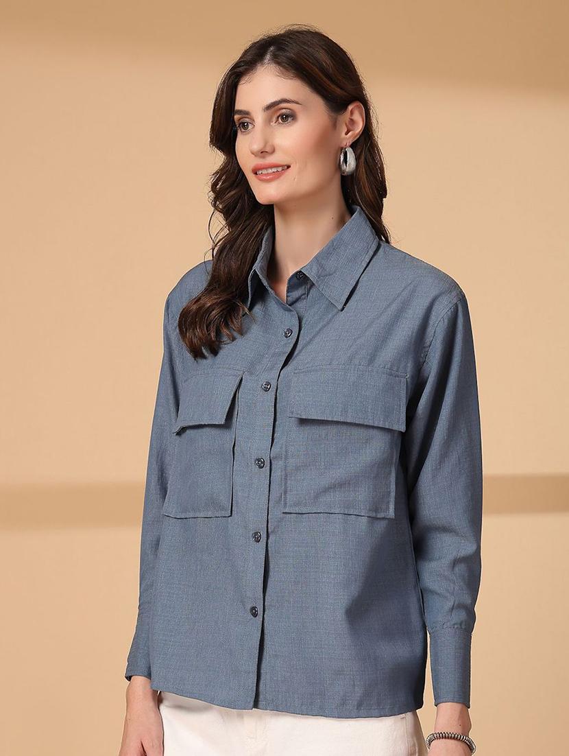 women blue solid long sleeve shirt - 21660689 -  Standard Image - 1