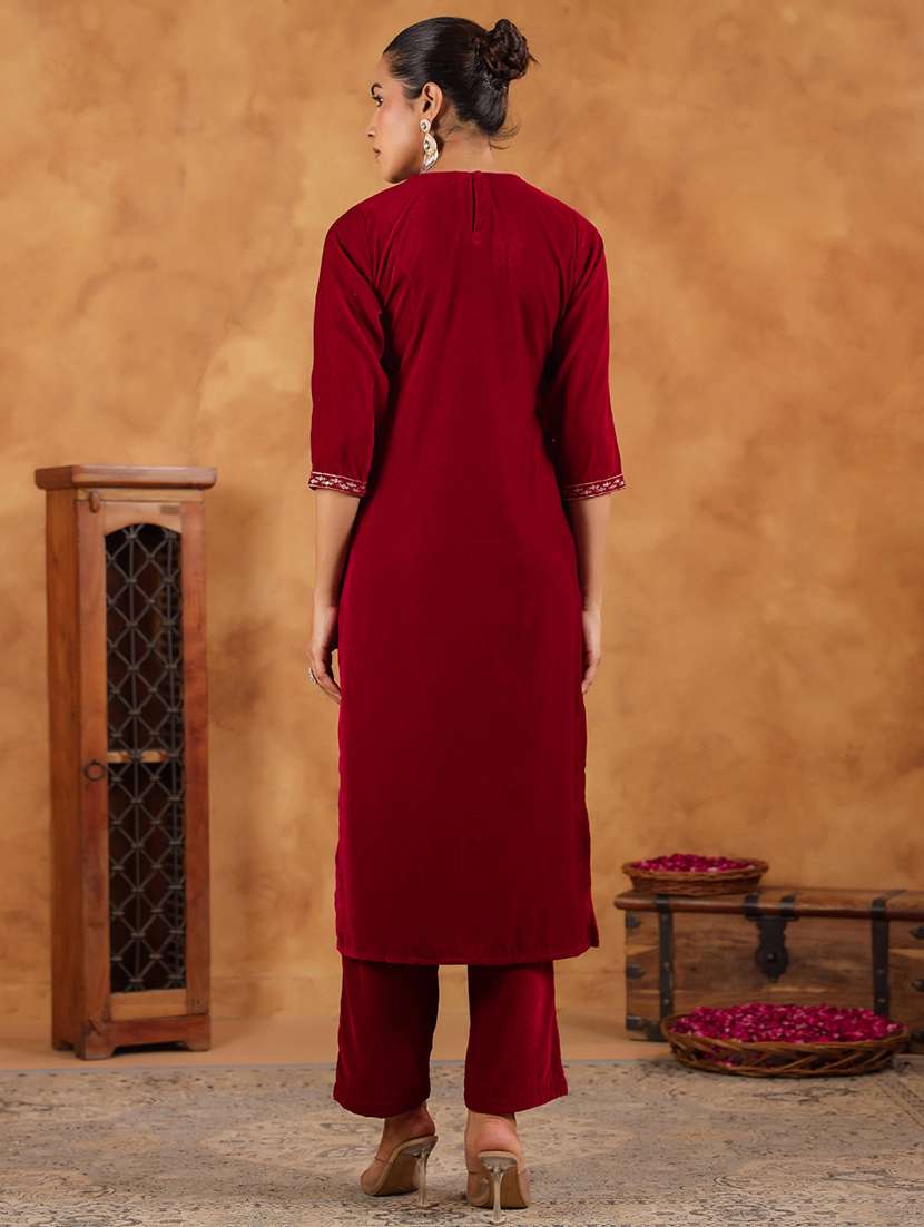 women red three quarter sleeve kurta pant set - 21660743 -  Standard Image - 4