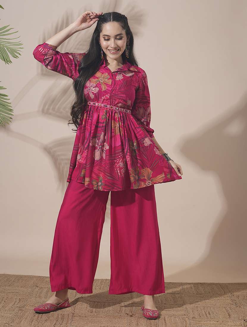 globus women pink shirt collar tropical print peplum style tunic with palazzos & embroidered belt fusion co-ord set