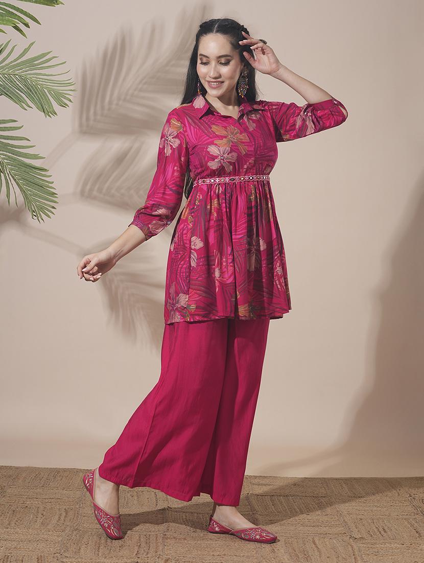 globus women pink shirt collar tropical print peplum style tunic with palazzos & embroidered belt fusion co-ord set - 21660757 - Standard Image - 1