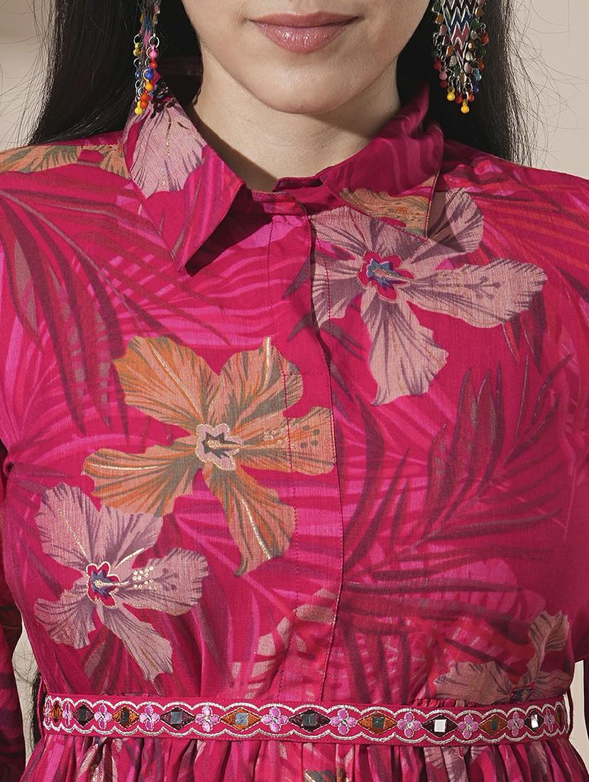 globus women pink shirt collar tropical print peplum style tunic with palazzos & embroidered belt fusion co-ord set - 21660757 - Standard Image - 4