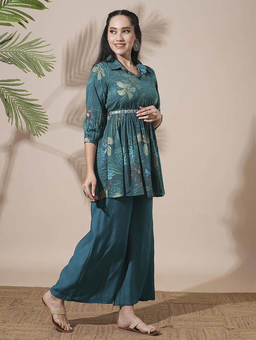 globus women teal shirt collar tropical print peplum style tunic with palazzos & embroidered belt fusion co-ord set - 21660758 -  Standard Image - 1