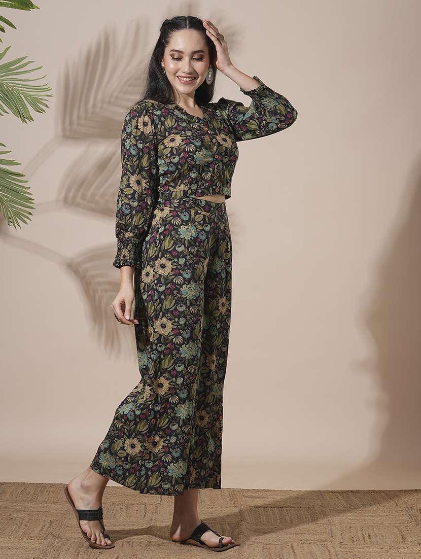 globus women black frilled v-neck floral print shirt style crop top with partially elasticated palazzos fusion co-ord set - 21660759 - Standard Image - 1