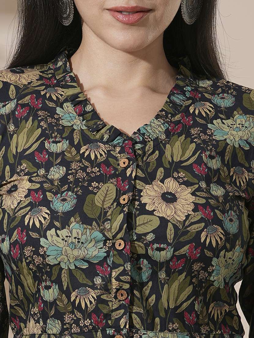 globus women black frilled v-neck floral print shirt style crop top with partially elasticated palazzos fusion co-ord set - 21660759 - Standard Image - 4