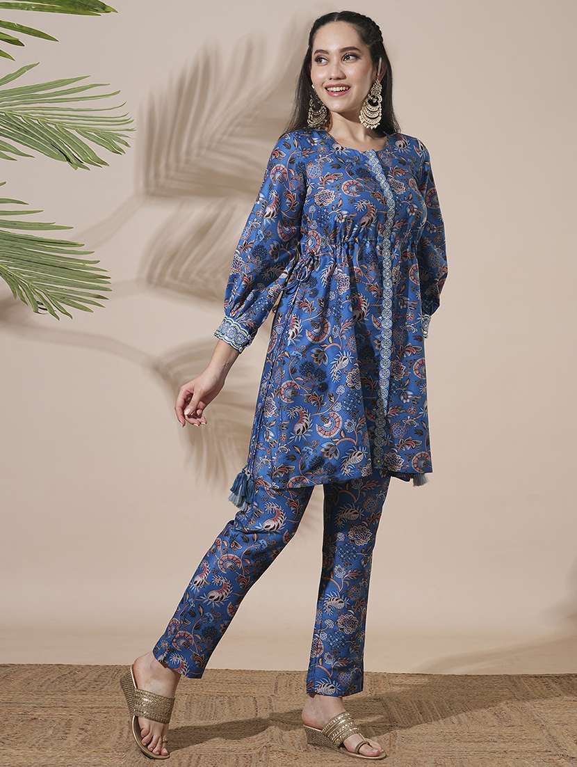 globus women blue round neck floral print drawstring detail tunic with mid-rise narrow pants fusion co-ord set - 21660760 -  Standard Image - 1