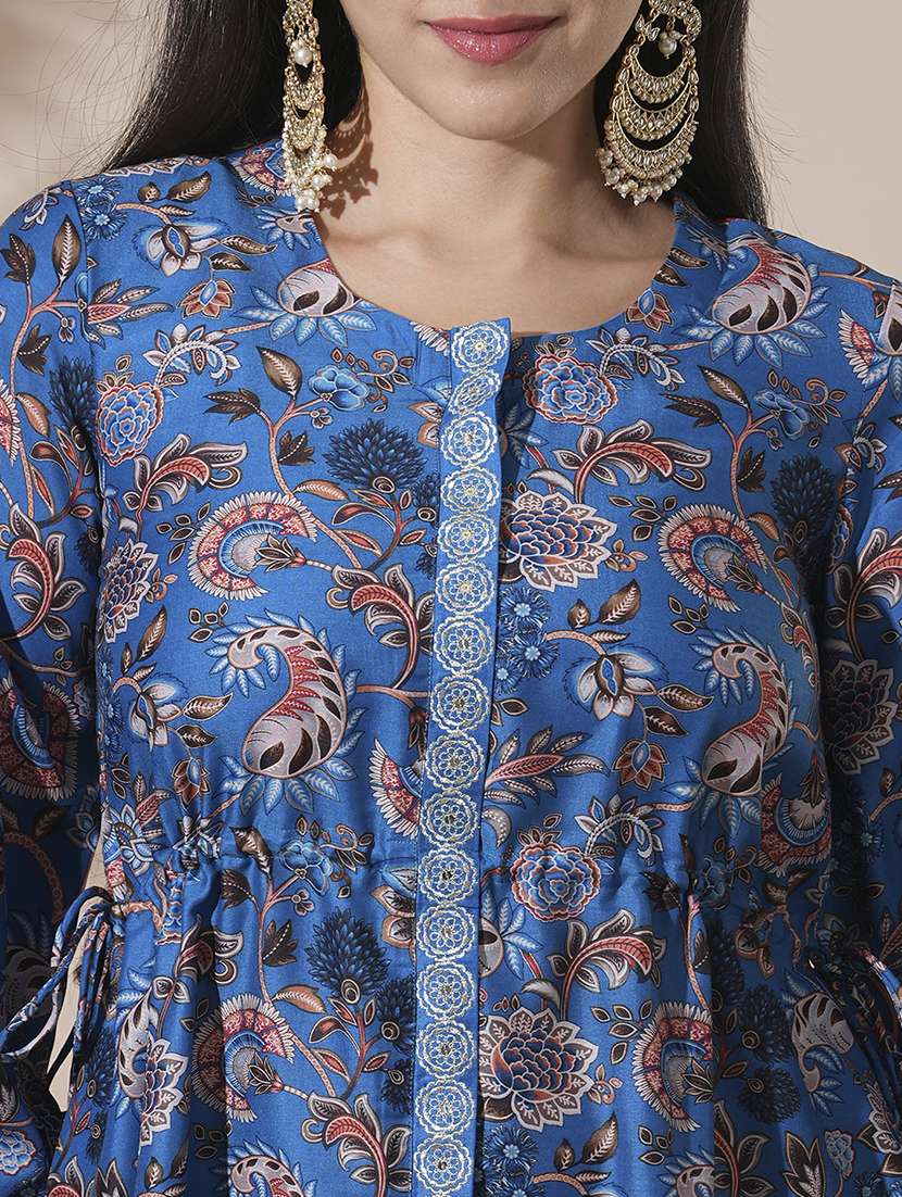 globus women blue round neck floral print drawstring detail tunic with mid-rise narrow pants fusion co-ord set - 21660760 - Standard Image - 4