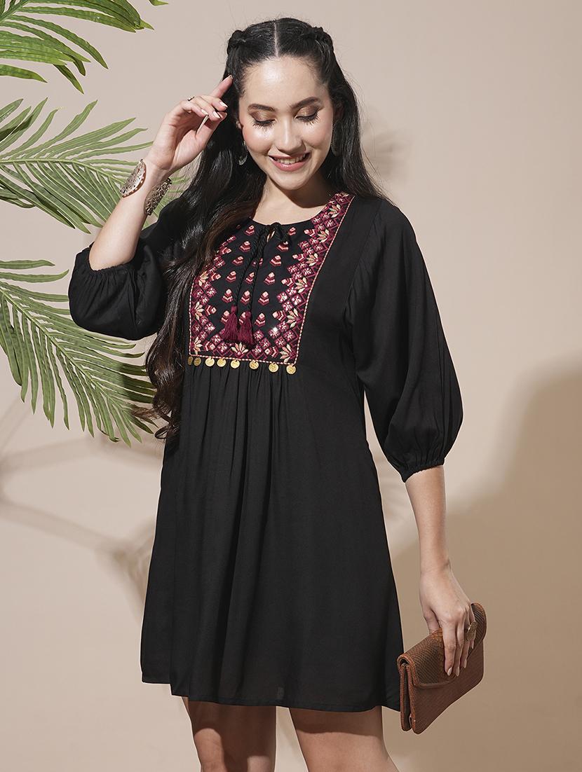 globus women black embroidered yoke tie-up detailing bishop sleeves gathered a-line mini workwear dress - 21660761 - Standard Image - 1