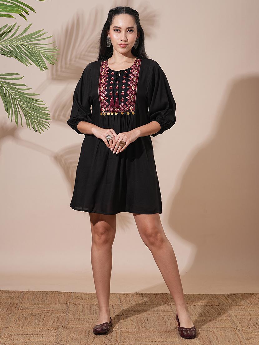 globus women black embroidered yoke tie-up detailing bishop sleeves gathered a-line mini workwear dress - 21660761 - Standard Image - 4