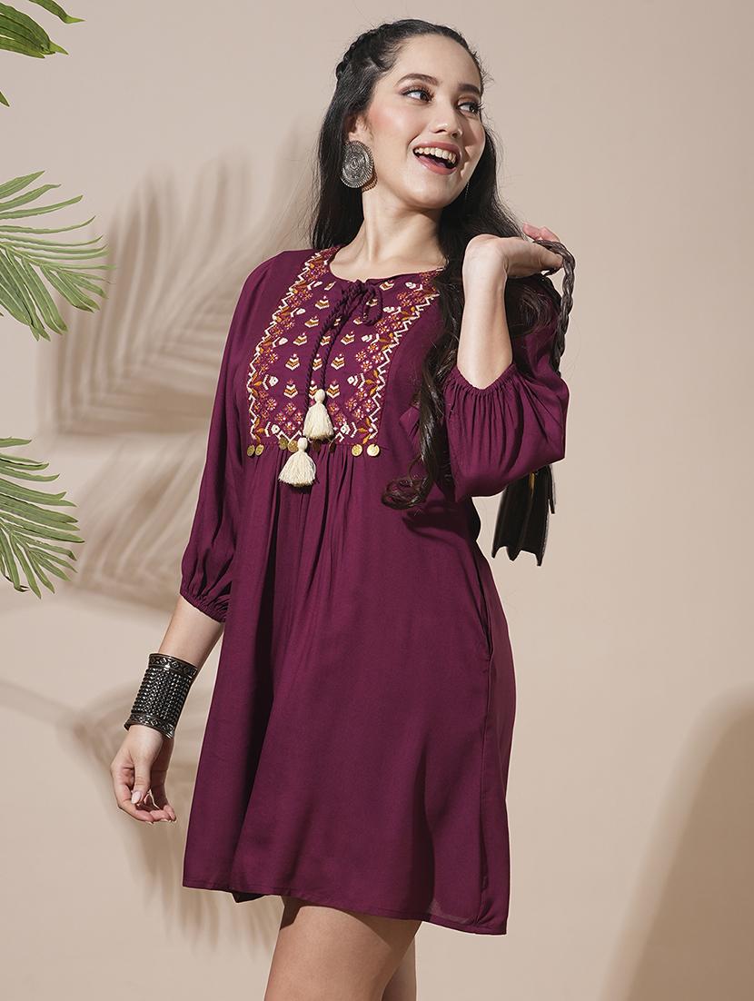 globus women burgundy embroidered yoke tie-up detailing bishop sleeves gathered a-line mini workwear dress - 21660762 - Standard Image - 1
