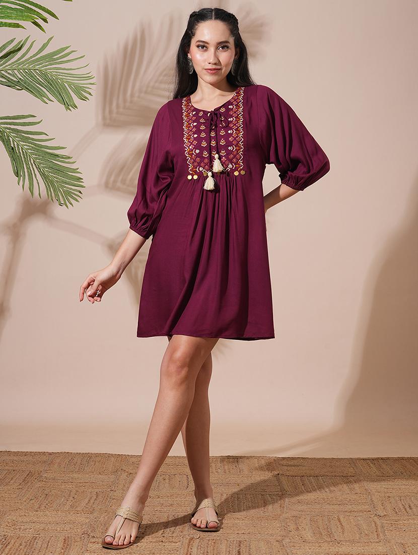 globus women burgundy embroidered yoke tie-up detailing bishop sleeves gathered a-line mini workwear dress - 21660762 - Standard Image - 4