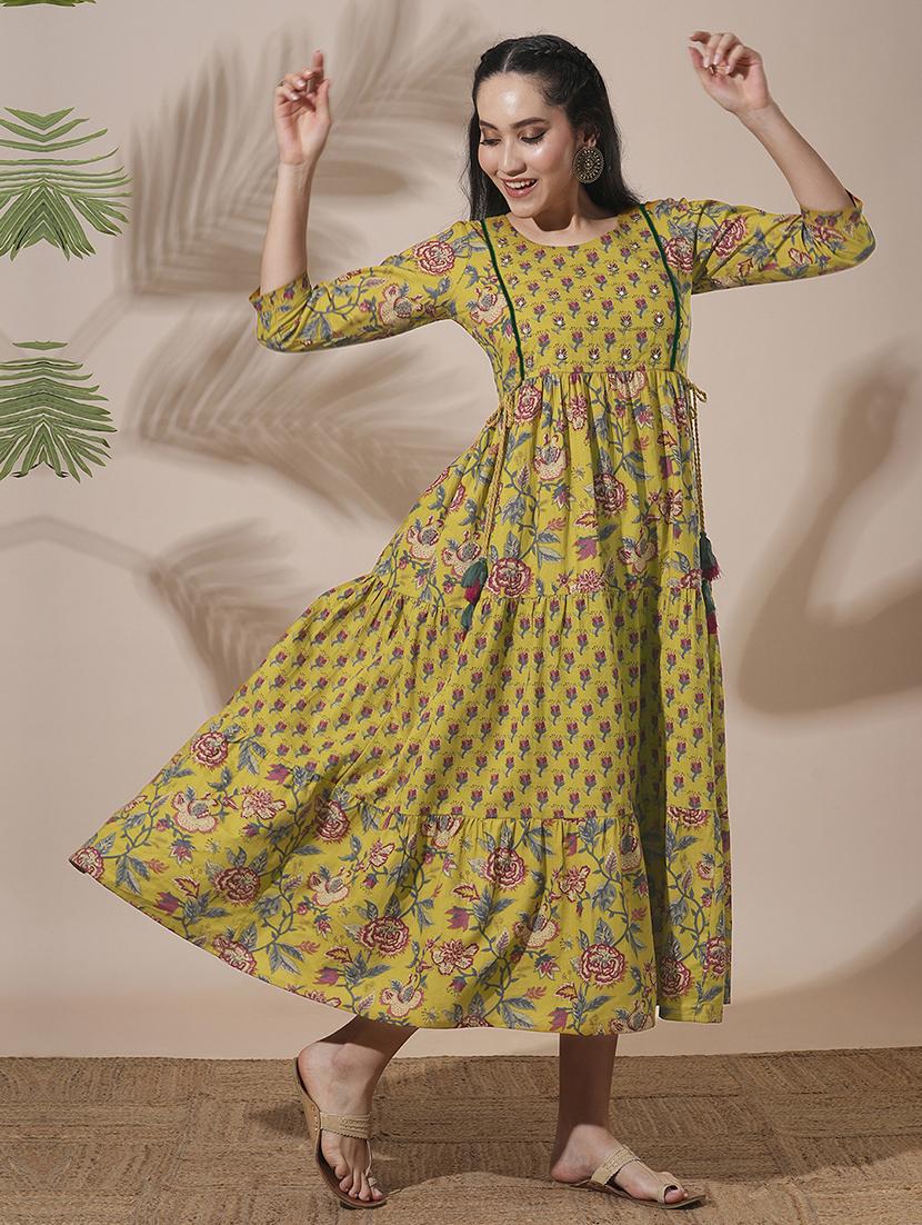 globus women yellow allover floral printed abla work waist tie-up detailing a-line tiered midi workwear dress - 21660764 - Standard Image - 1
