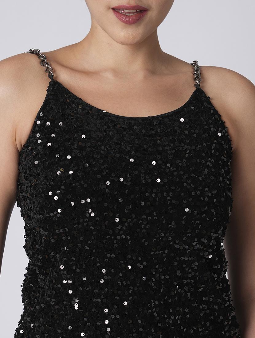 globus women black round neck chain shoulder straps sequinned velvet party top - 21660773 - Standard Image - 4