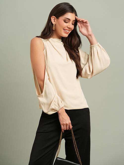 globus women khaki cowl neck cold shoulder bishop sleeves solid pleat detail party top - 21660774 - Standard Image - 0