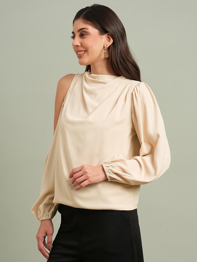 globus women khaki cowl neck cold shoulder bishop sleeves solid pleat detail party top - 21660774 -  Standard Image - 1