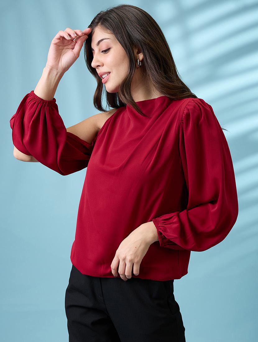 globus women maroon cowl neck cold shoulder bishop sleeves solid pleat detail party top - 21660775 - Standard Image - 1