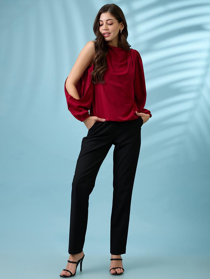 globus women maroon cowl neck cold shoulder bishop sleeves solid pleat detail party top - 21660775 - Standard Image - 4
