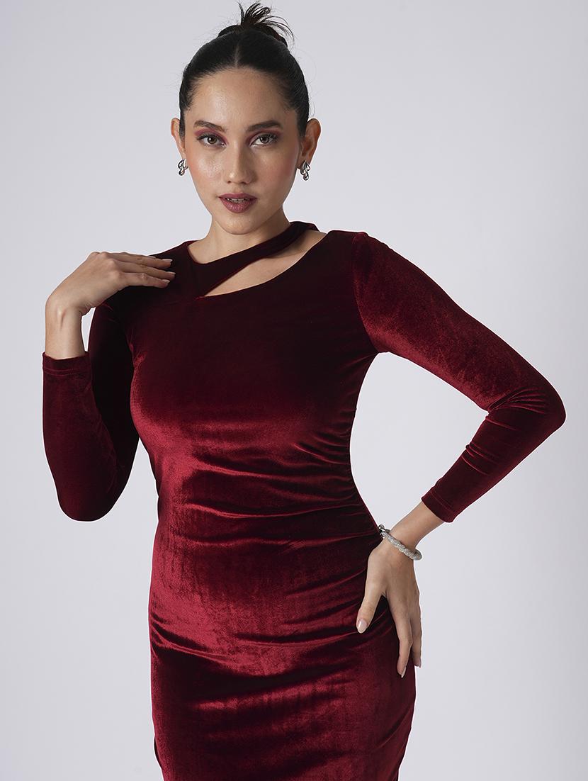 globus women maroon round neck long sleeves cut-out detail velvet knee length bodycon party dress - 21660776 -  Standard Image - 1