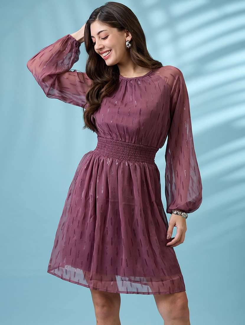 globus women mauve bishop sleeves self design georgette sheen smocked mini fit & flare party dress - 21660780 - Zoom Image - 0