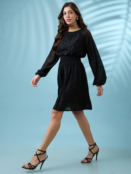 globus women black bishop sleeves self design georgette sheen smocked mini fit & flare party dress - 21660781 -  Standard Image - 0