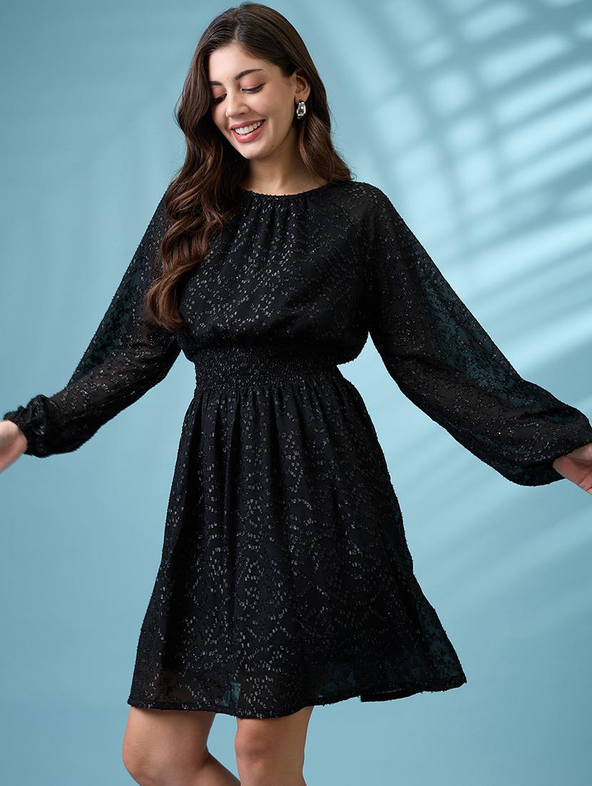 globus women black bishop sleeves self design georgette sheen smocked mini fit & flare party dress - 21660781 -  Standard Image - 1