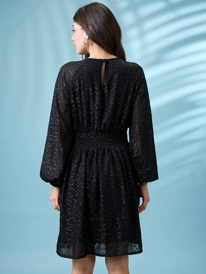 globus women black bishop sleeves self design georgette sheen smocked mini fit & flare party dress - 21660781 - Standard Image - 4