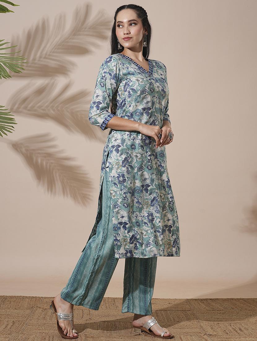 globus women green floral print v-neck straight kurta with elasticated waist pant workwear set - 21660785 -  Standard Image - 1