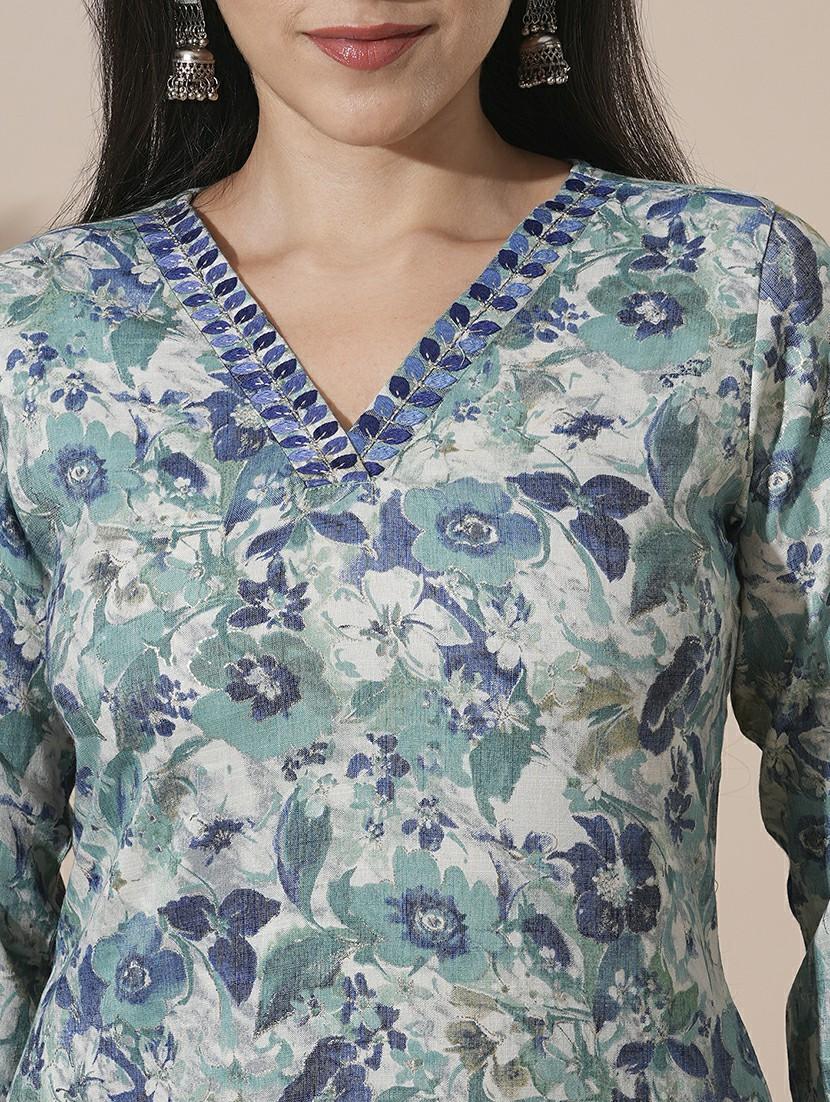 globus women green floral print v-neck straight kurta with elasticated waist pant workwear set - 21660785 - Standard Image - 4
