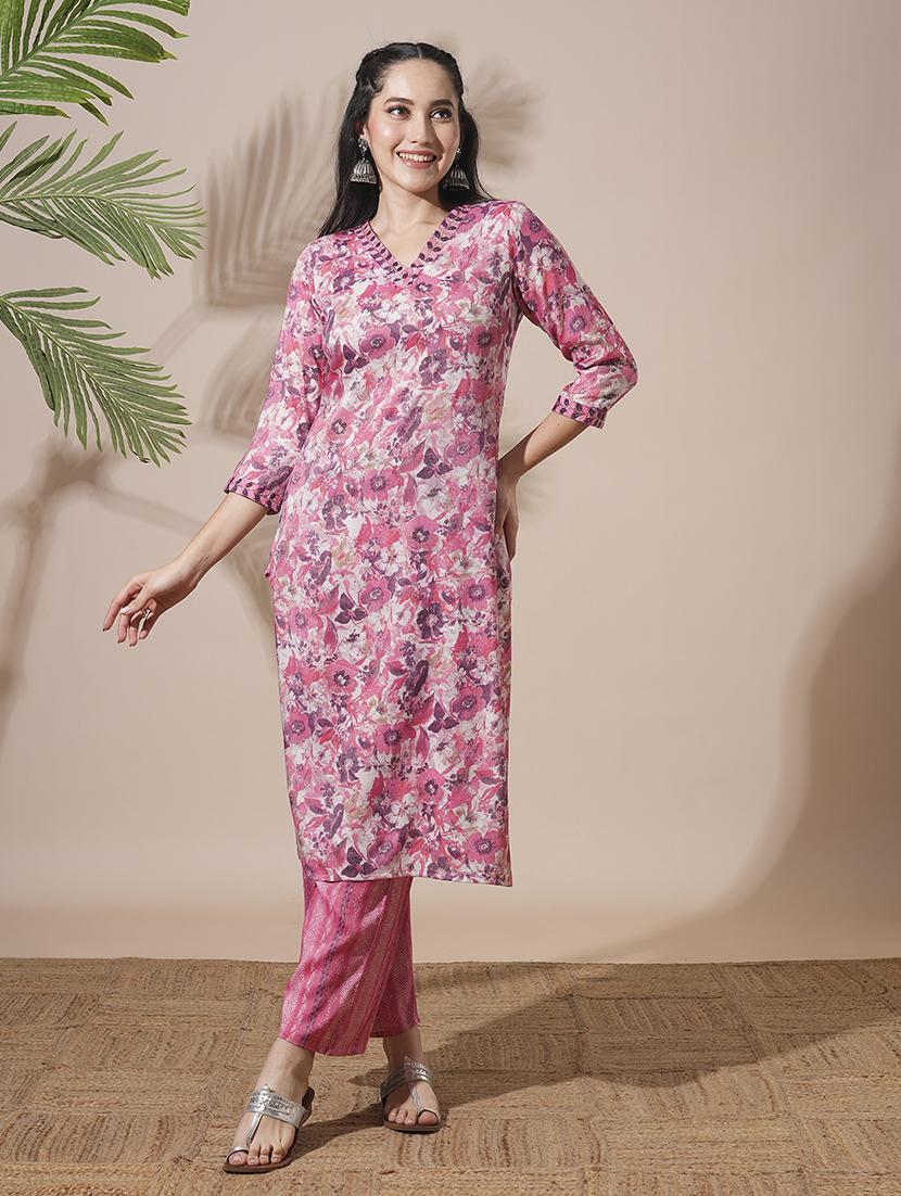 globus women pink floral print v-neck straight kurta with elasticated waist pant workwear set - 21660786 -  Zoom Image - 0