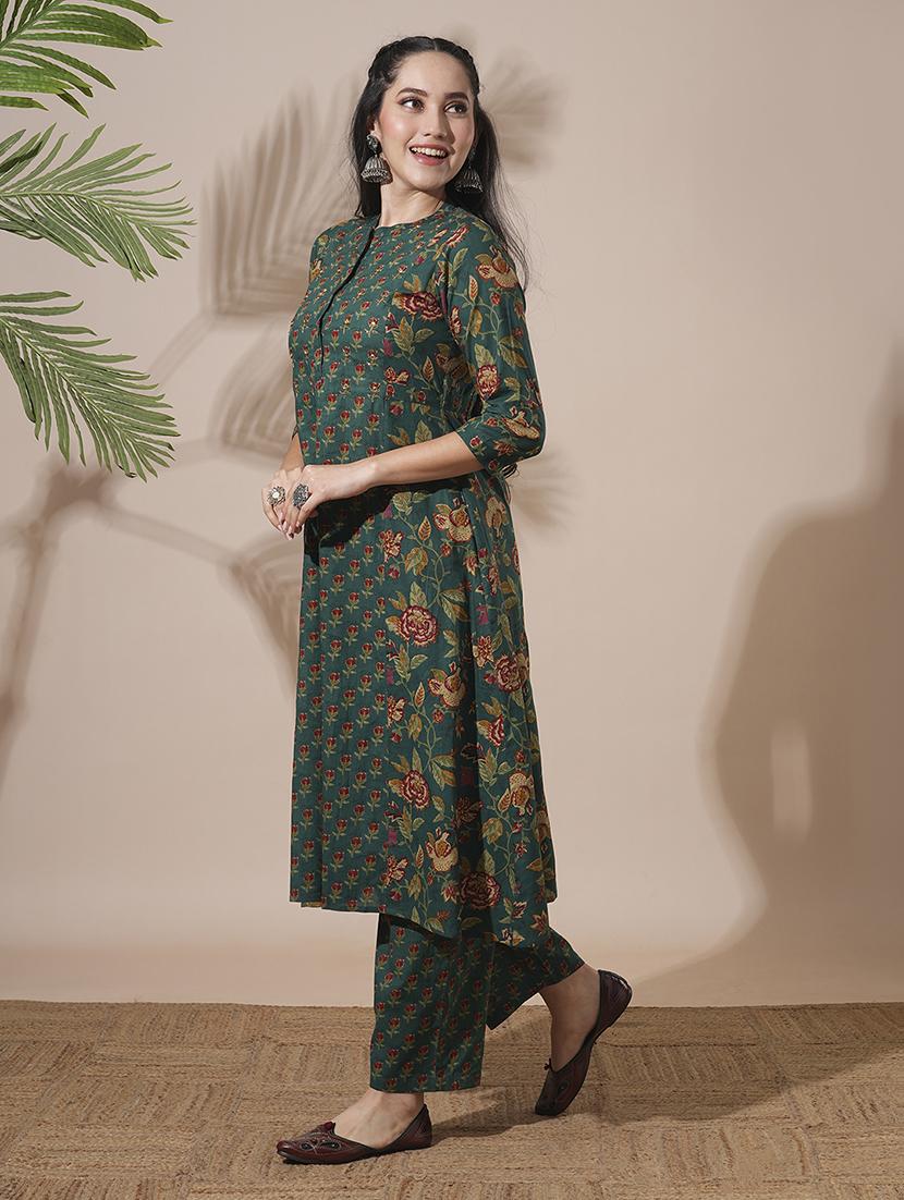 globus women green floral print mandarin neck panelled a-line kurta with elasticated waist pant workwear sets - 21660787 - Standard Image - 1