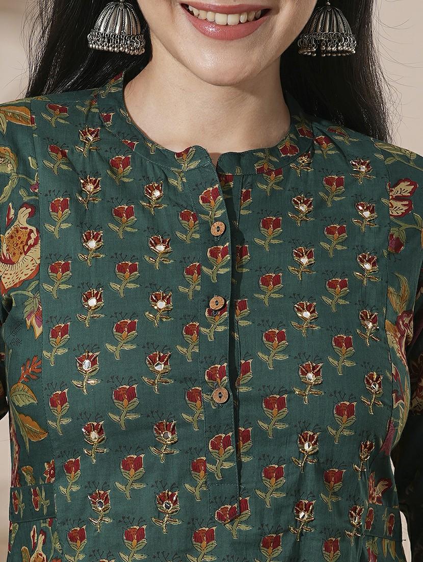 globus women green floral print mandarin neck panelled a-line kurta with elasticated waist pant workwear sets - 21660787 - Standard Image - 4