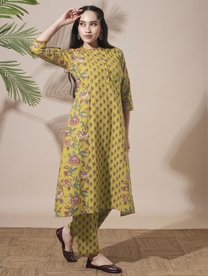 globus women green floral print mandarin neck panelled a-line kurta with elasticated waist pant workwear sets - 21660788 - Standard Image - 1