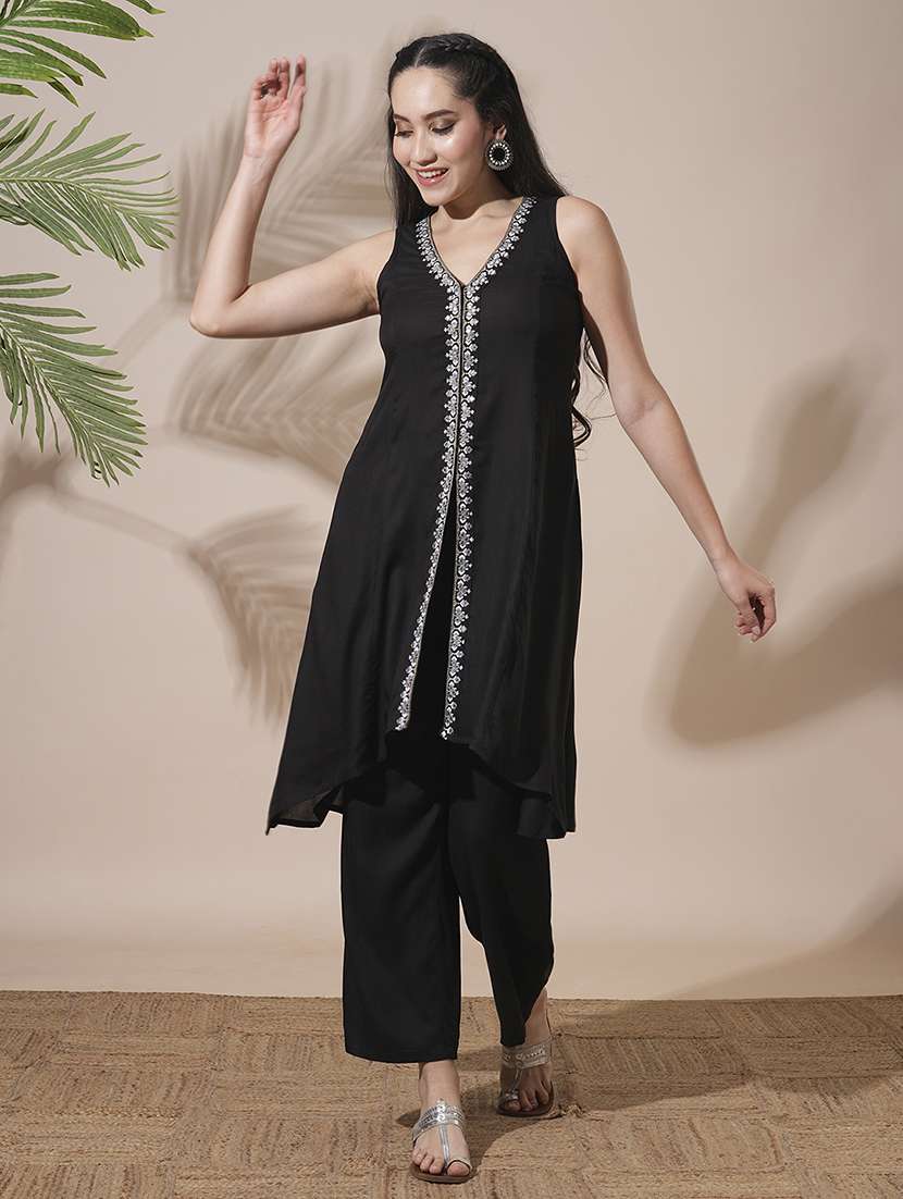 globus women black v-neck embroidered & mirror work detail high-low hem front slits a-line kurta with pant fusion wear set - 21660791 -  Standard Image - 1