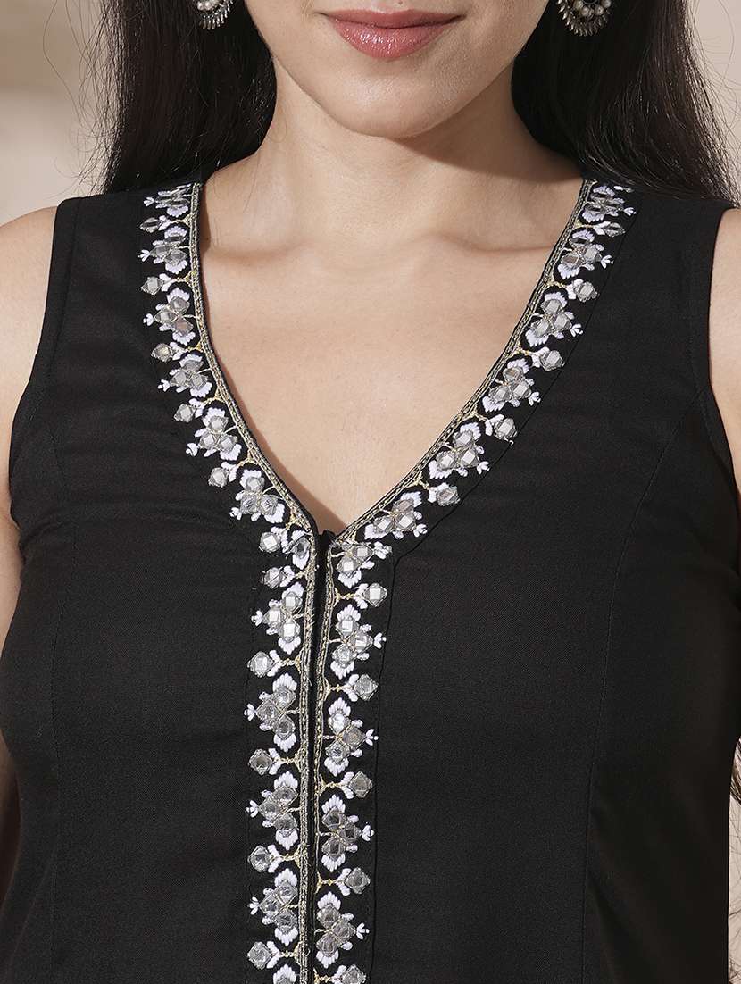 globus women black v-neck embroidered & mirror work detail high-low hem front slits a-line kurta with pant fusion wear set - 21660791 -  Standard Image - 4