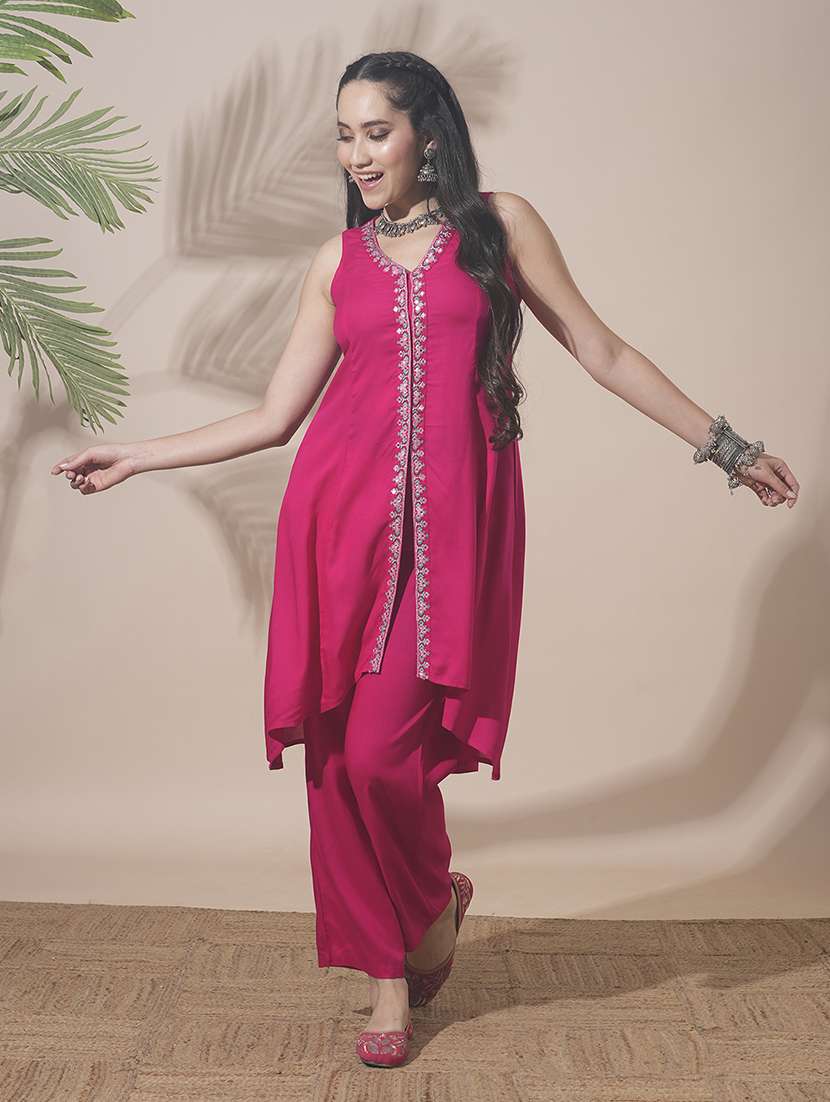 globus women pink v-neck embroidered & mirror work detail high-low hem front slits a-line kurta with pant fusion wear set - 21660792 -  Standard Image - 1