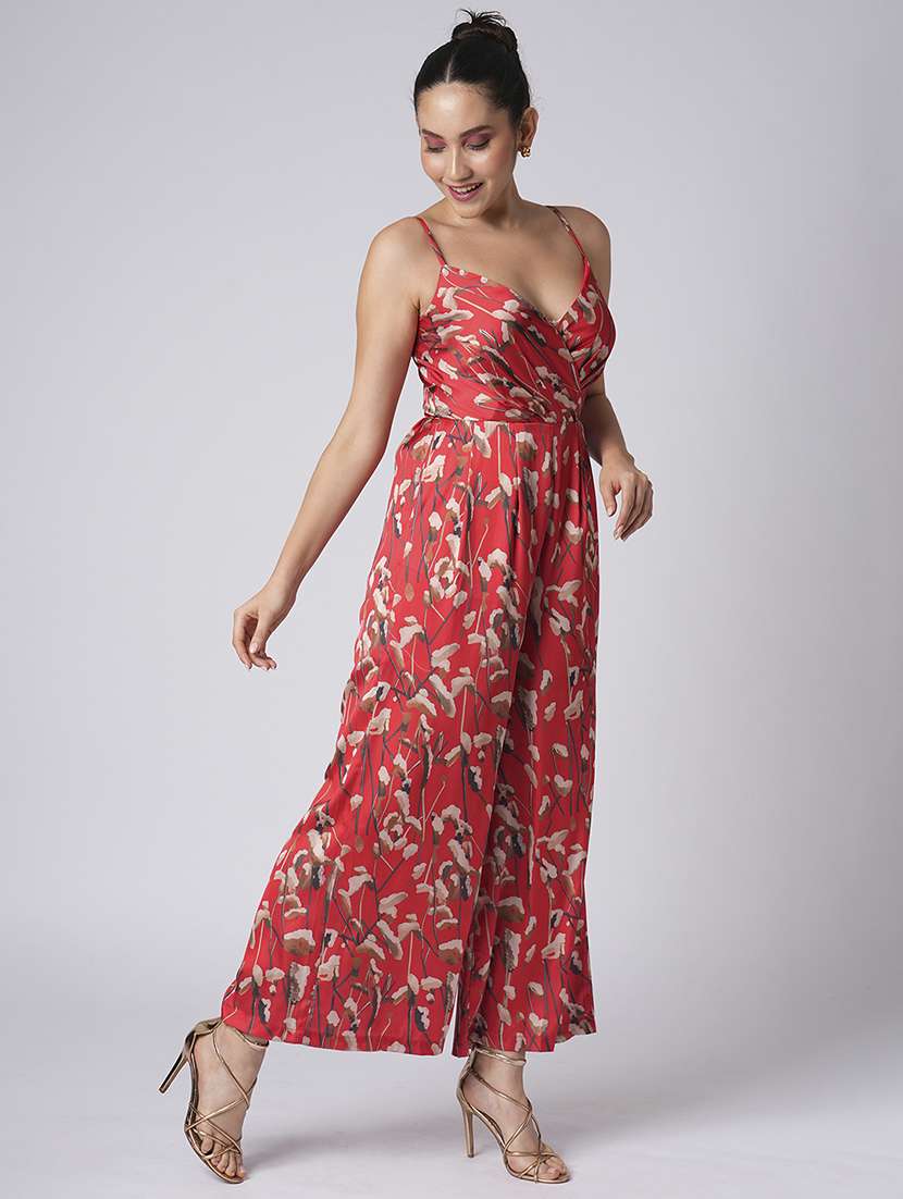 globus women red sweetheart neck strappy shoulder floral print satin wide leg party jumpsuit
