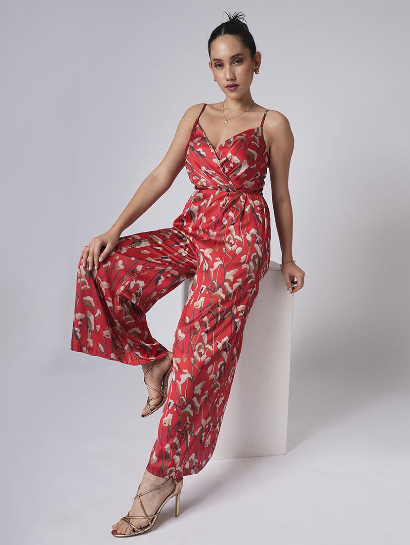 globus women red sweetheart neck strappy shoulder floral print satin wide leg party jumpsuit - 21660796 -  Standard Image - 1