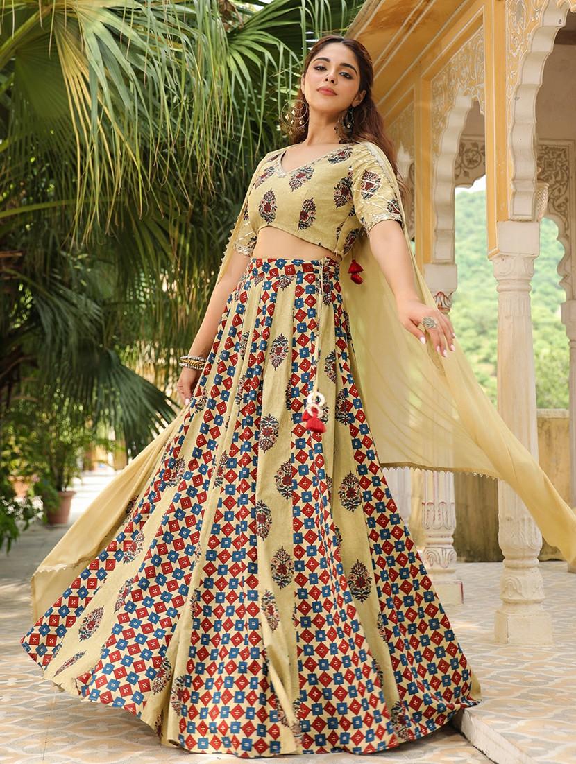 women beige printed stitched flared lehenga - 21660829 - Standard Image - 1